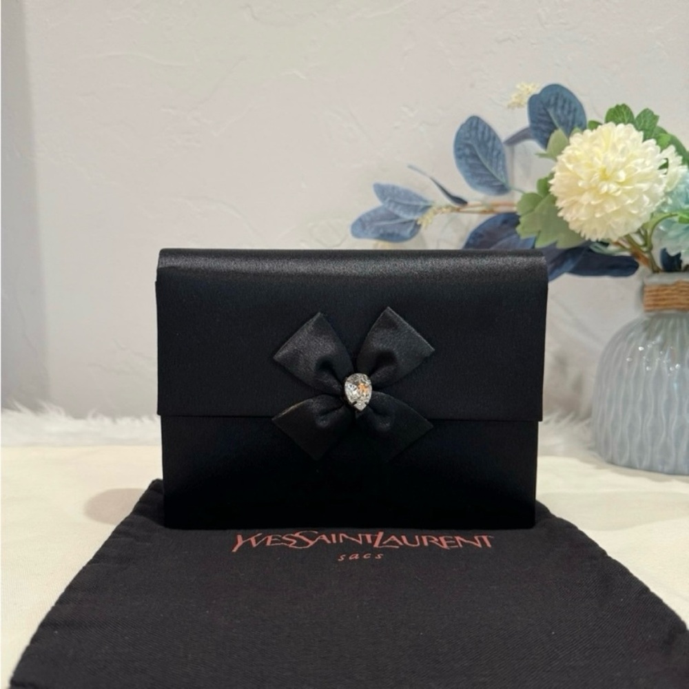 YSL Black Satin Clutch with Bow Accent with COA